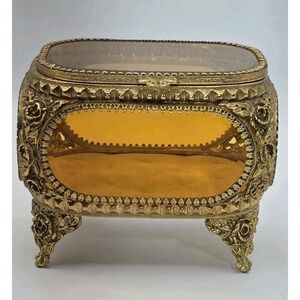 Antique Filigree Ormolu Jewelry Box Casket With Beveled Amber Glass, 4.75." Tall